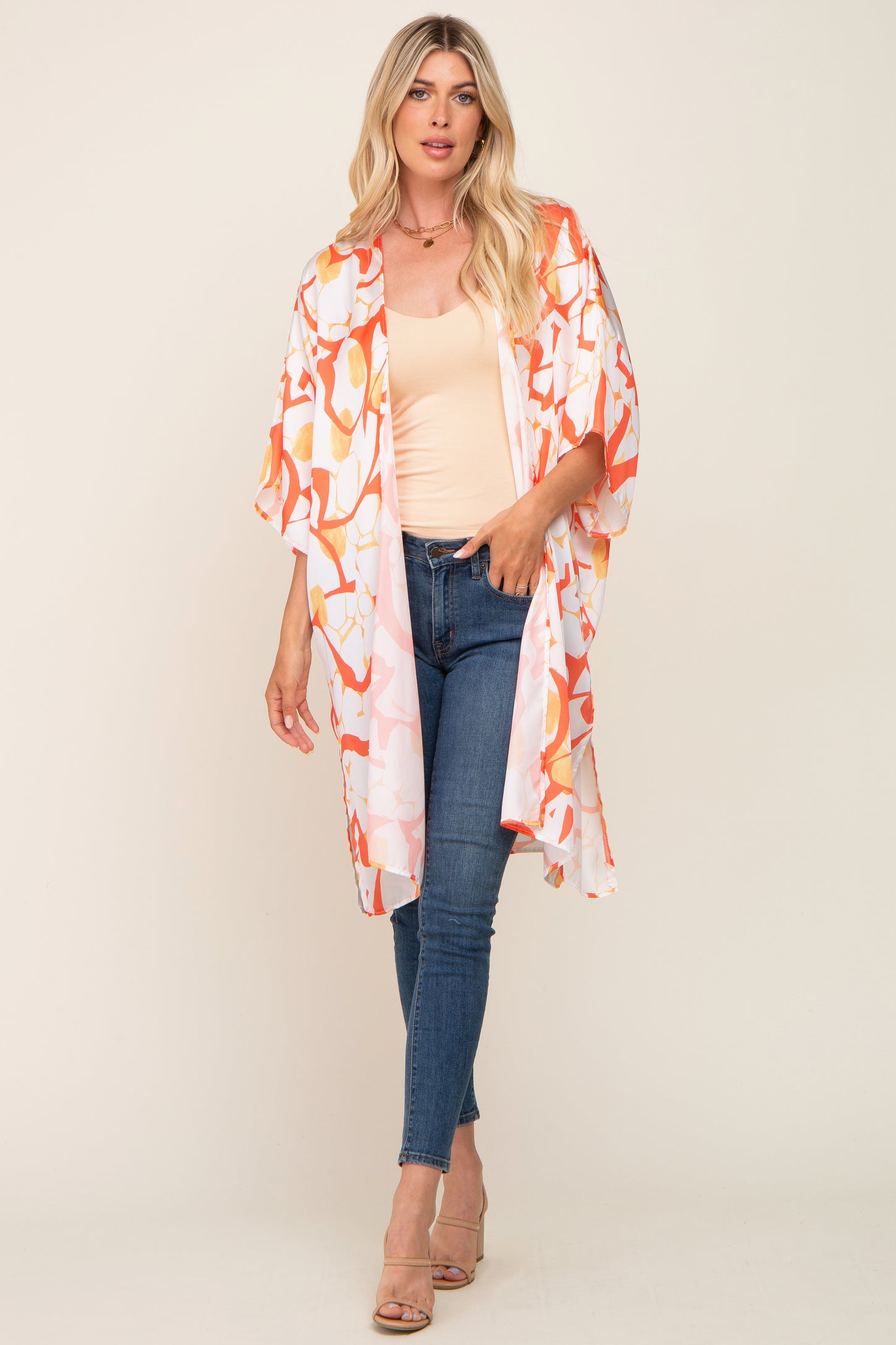 Orange Printed Dolman Sleeve Maternity Coverup