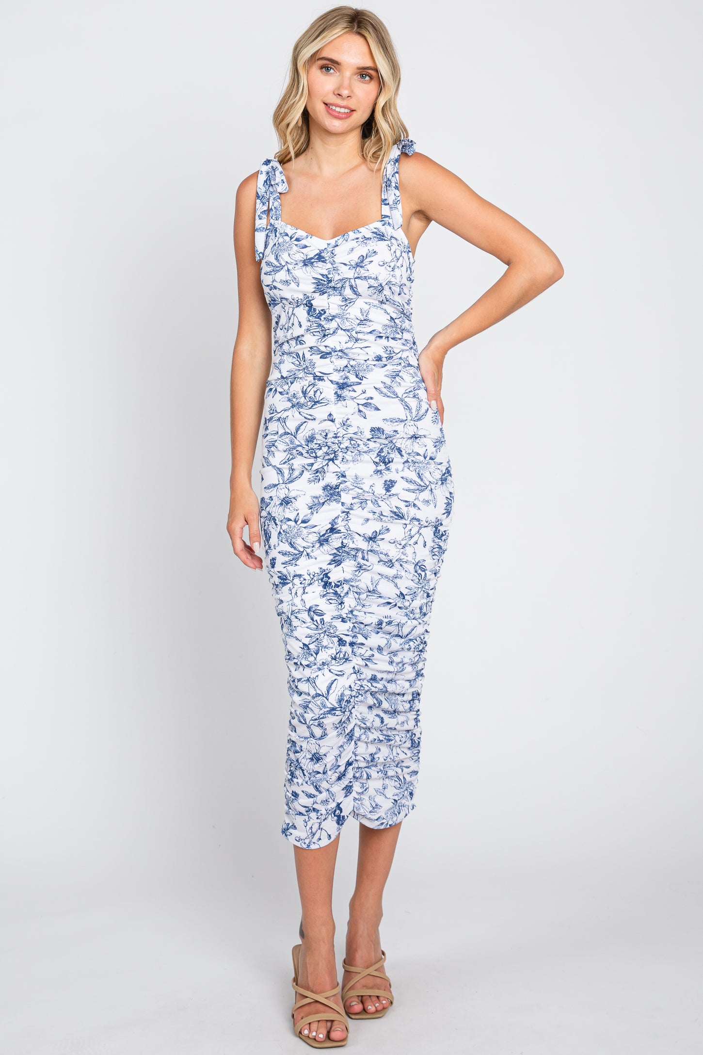 Blue Floral Shoulder Tie Ruched Maternity Midi Dress