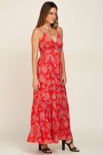 Red Floral Front Twist Maxi Dress