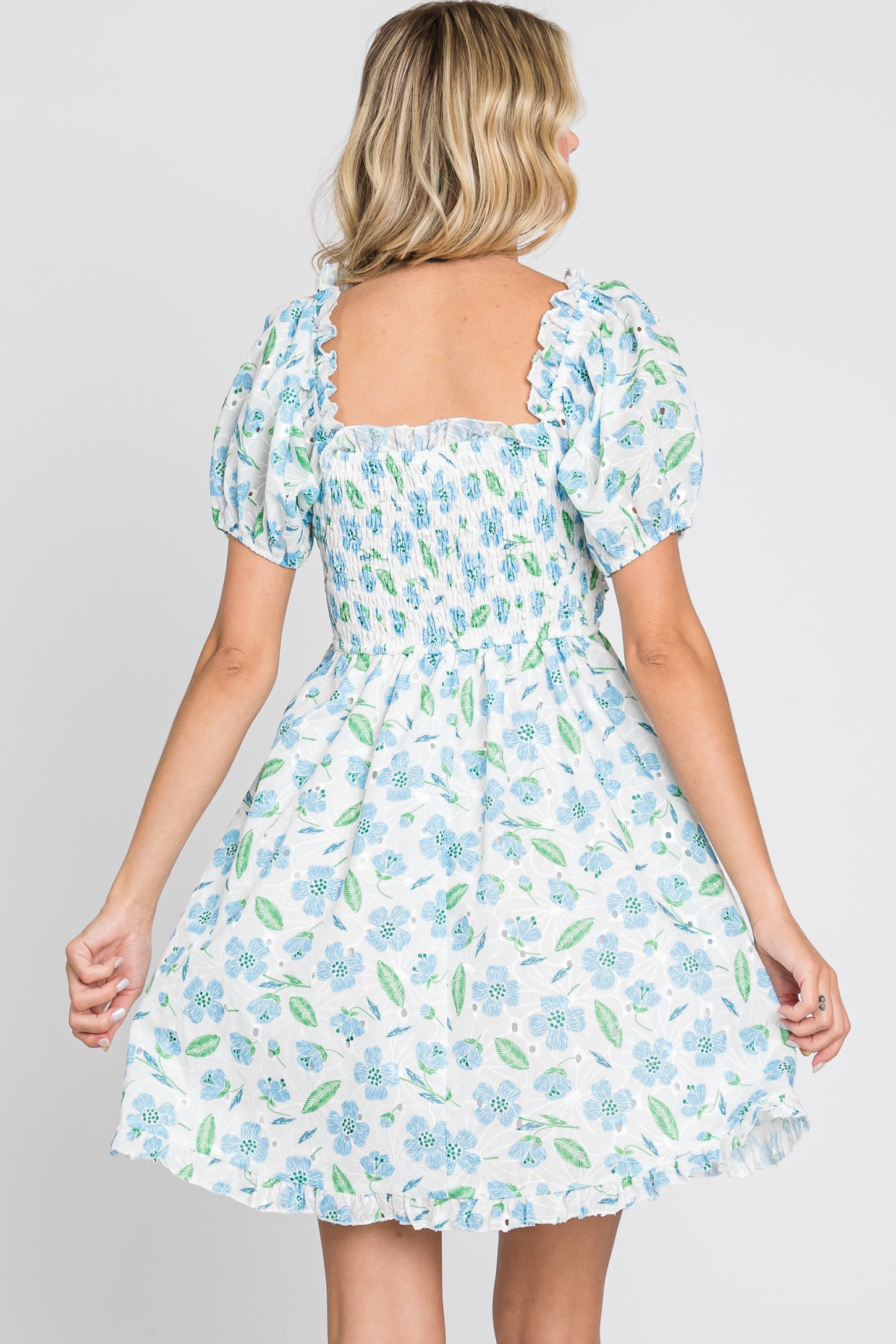 Blue Embroidered Eyelet Lace Dress