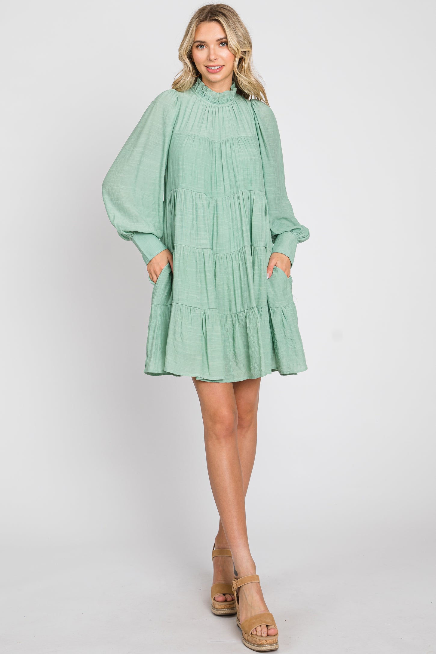 Sage Tiered Long Sleeve Ruffled Dress