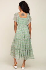 Mint Green Floral Chiffon Tiered Midi Dress