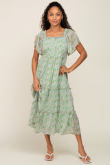 Mint Green Floral Chiffon Tiered Midi Dress