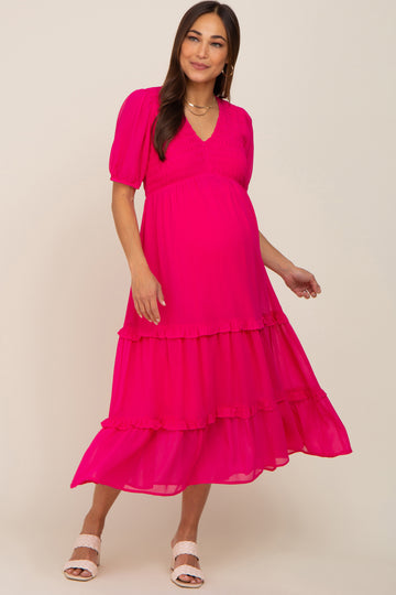 Fuchsia Chiffon Smocked V-Neck Ruffle Tiered Maternity Midi Dress