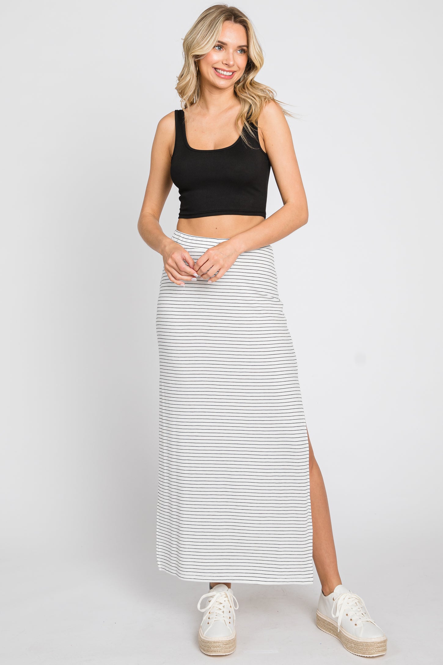 White Striped Side Slit Maxi Skirt