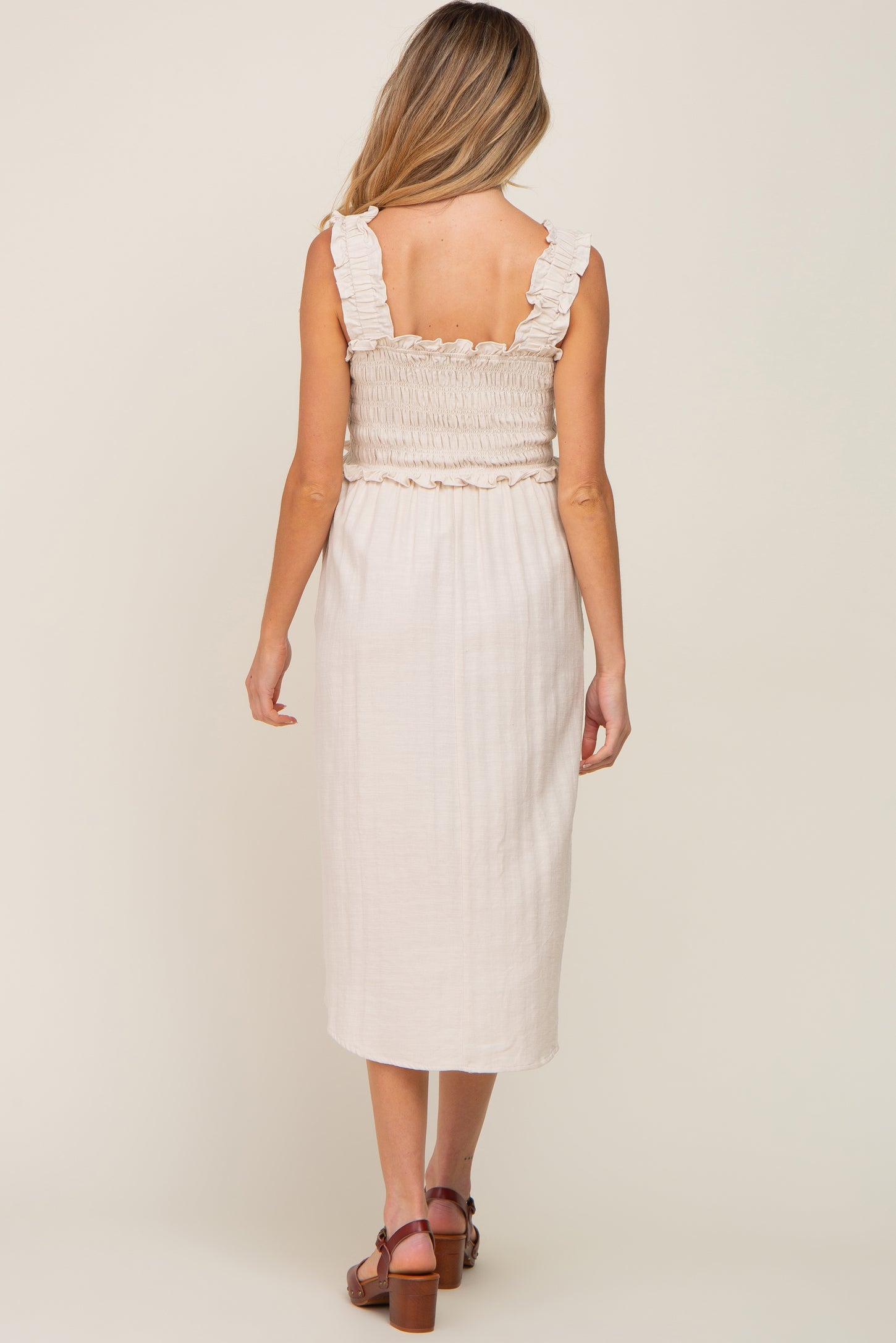 Beige Square Neck Smocked Sleeveless Maternity Midi Dress