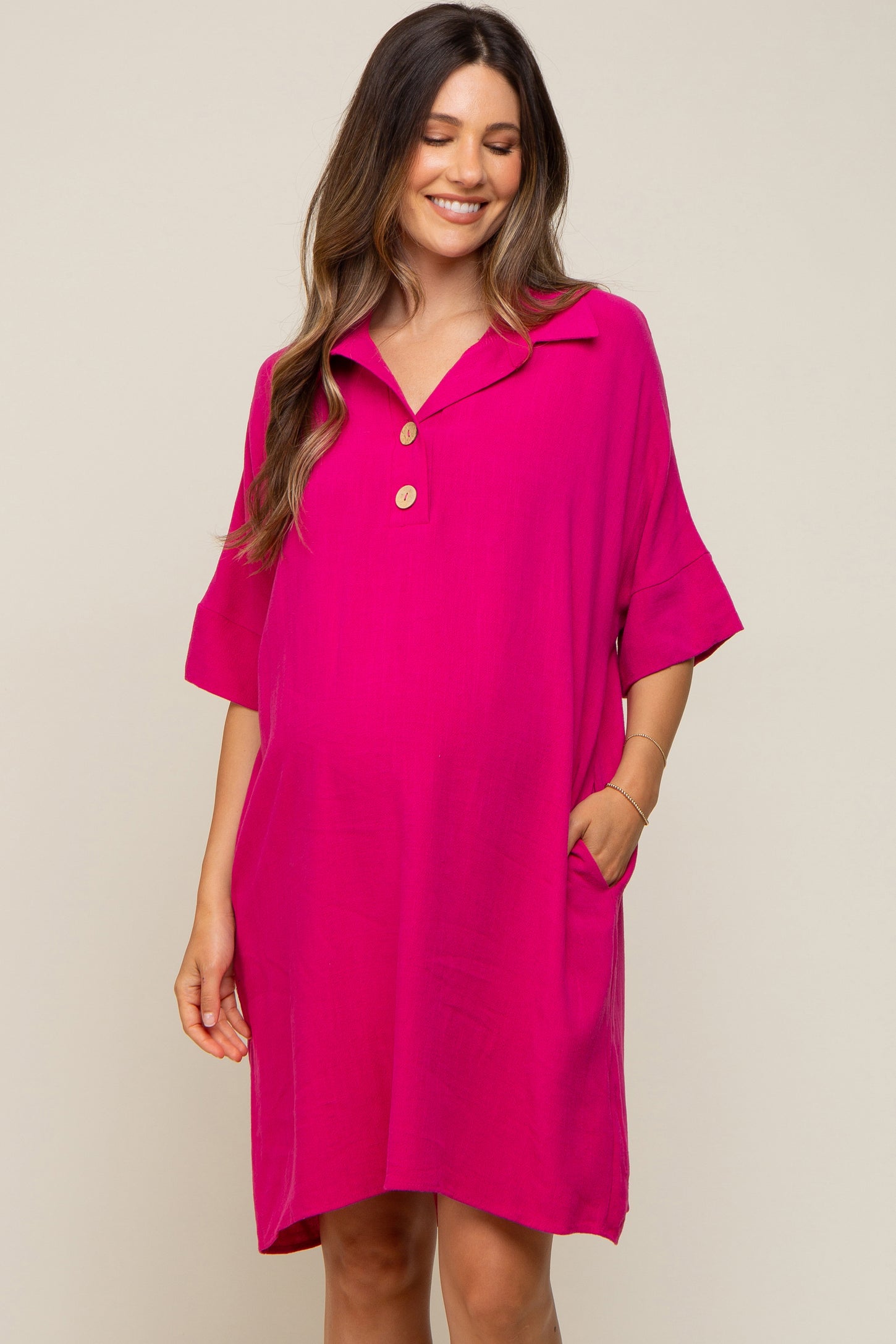 Fuchsia Linen Front Button Collared Maternity Dress