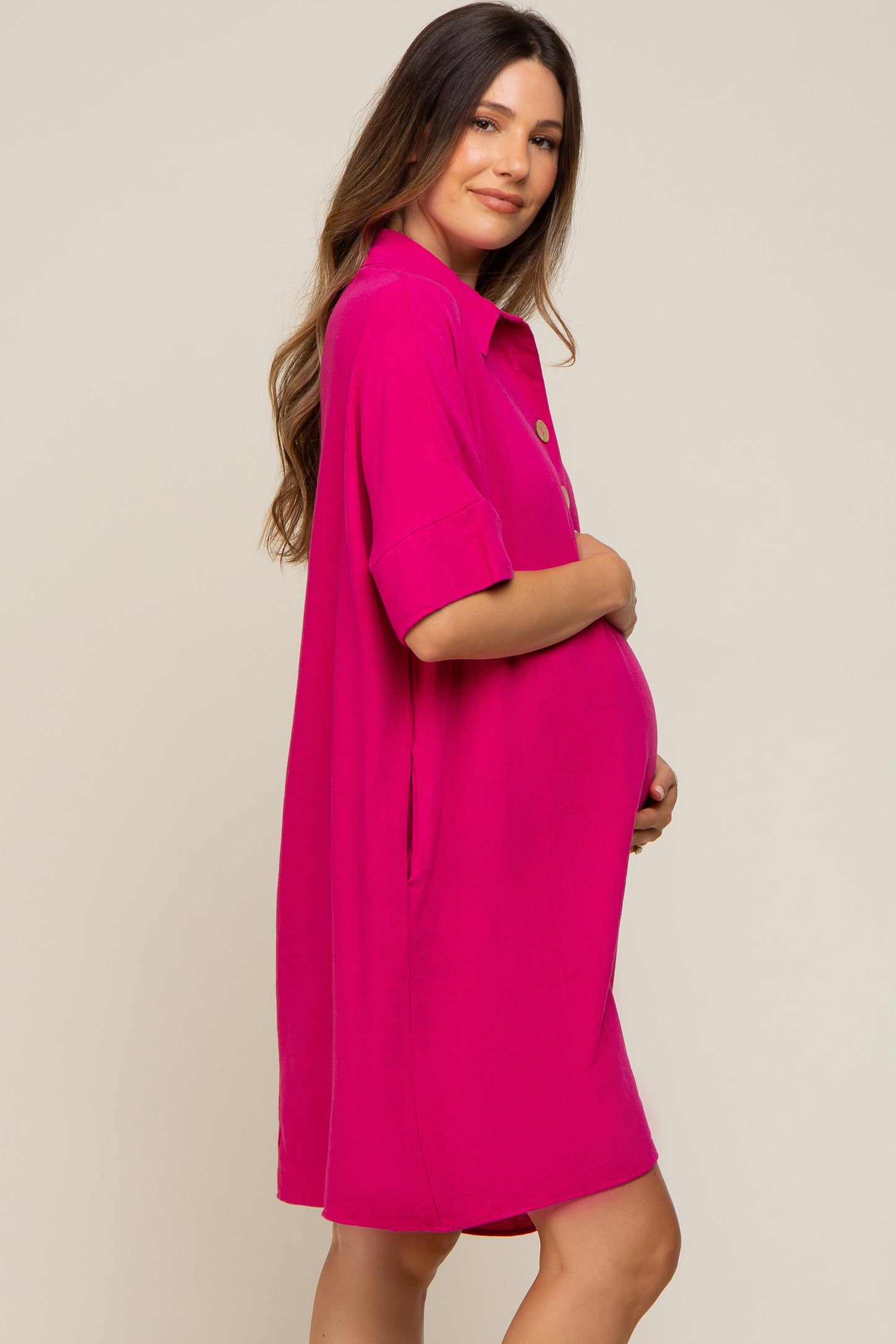 Fuchsia Linen Front Button Collared Maternity Dress