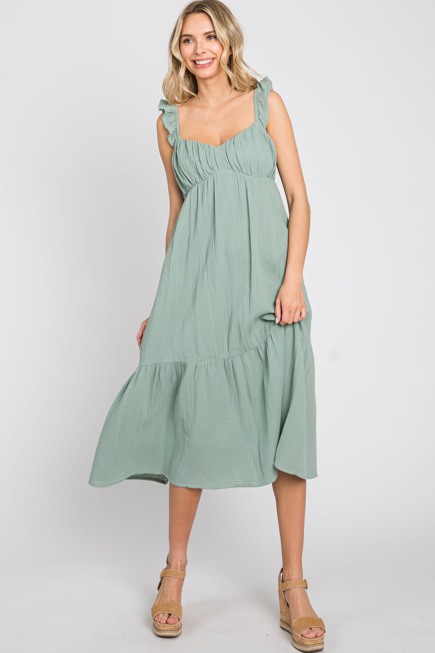 Sage Gauze Ruffle Midi Dress