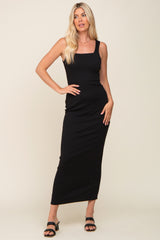 Black Ribbed Square Neck Low Scoop Back Maternity Midi Dress