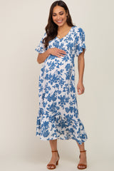 Blue Floral Smocked Maternity Midi Dress