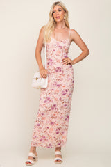 Pink Floral Mesh V-Neck Maternity Maxi Dress
