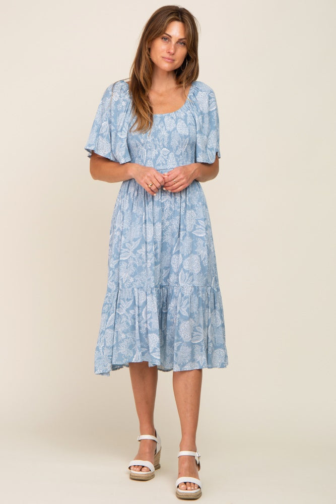 Blue Floral Smocked Midi Dress