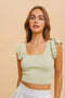 Green Tie Waist Square Neck Ruffle Sleeve Sweater Top