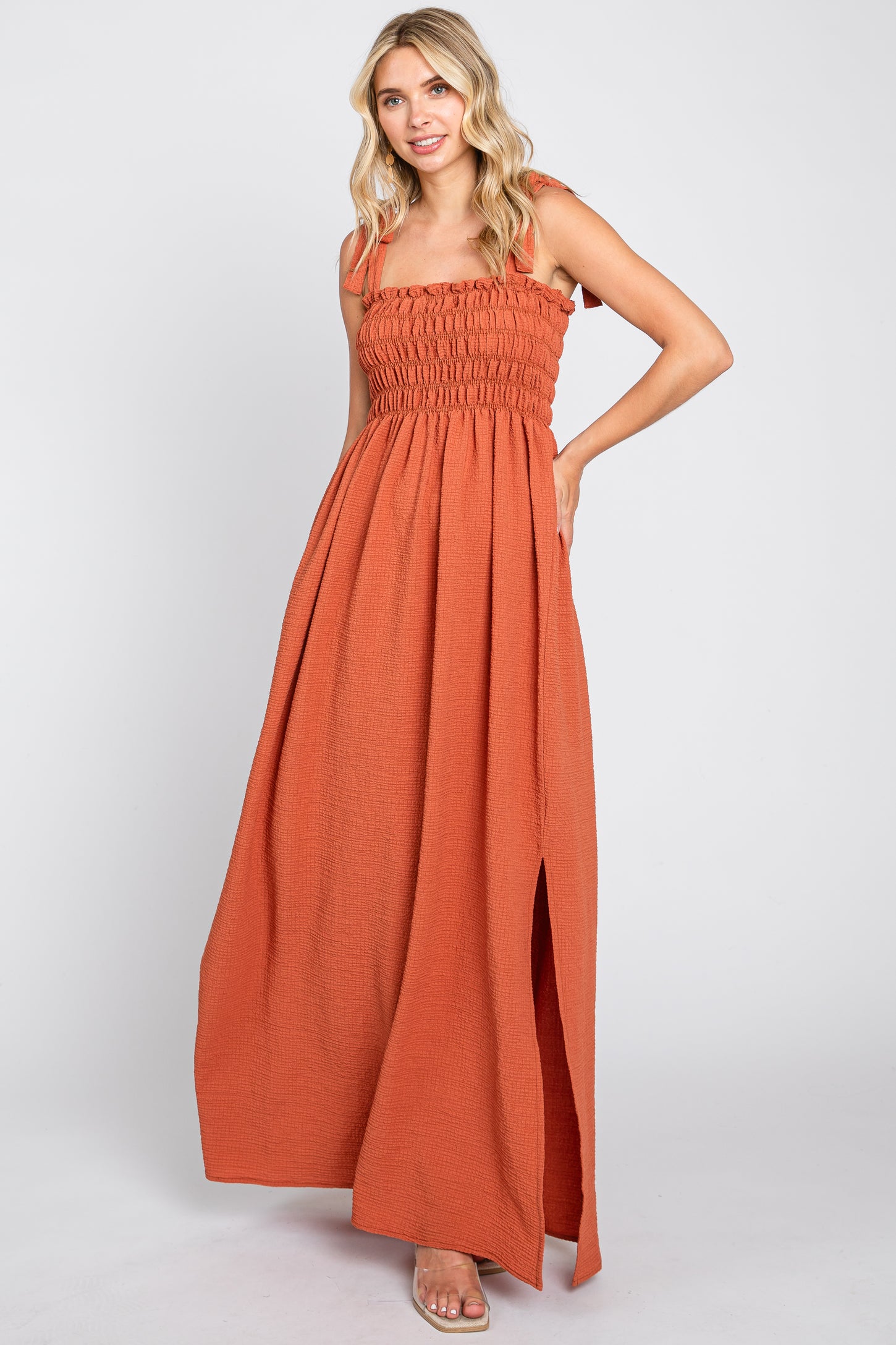 Rust Textured Smocked Shoulder Tie Maternity Maxi Dress