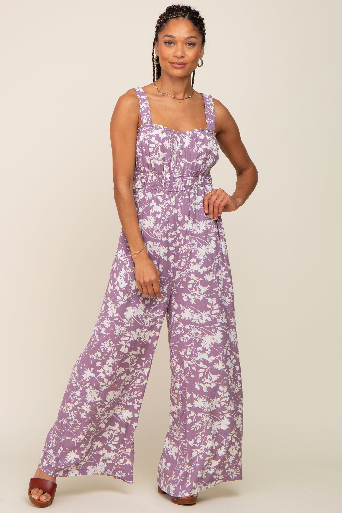 Lavender Floral Sweetheart Neck Jumpsuit