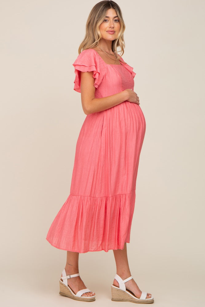 Coral Flutter Sleeve Maternity Midi Dress