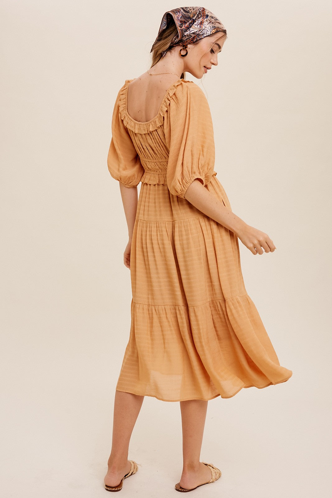Mustard Ruffle Front Tie Tiered Maxi Dress