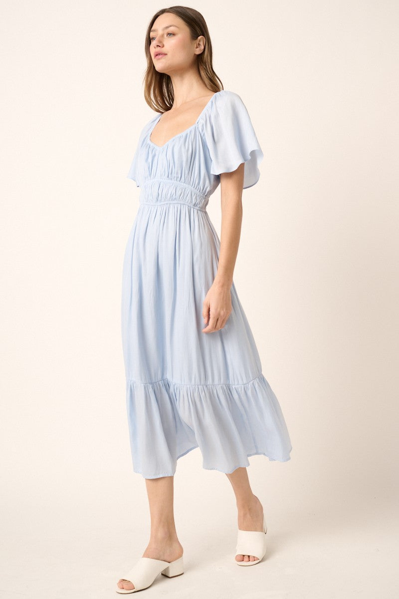 Blue Flutter Sleeve Midi Dress