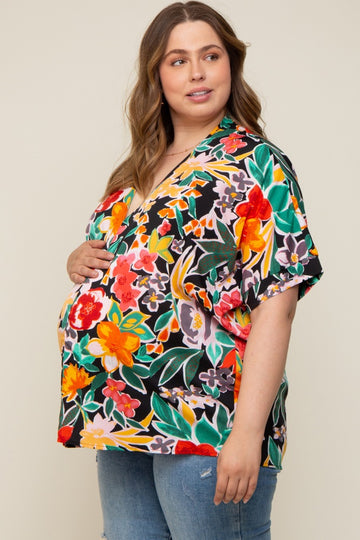 Black Floral V-Neck Maternity Plus Blouse