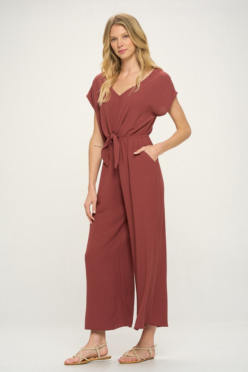 Rust Short Sleeves V Neck Front Tie Woven Jumpsuit