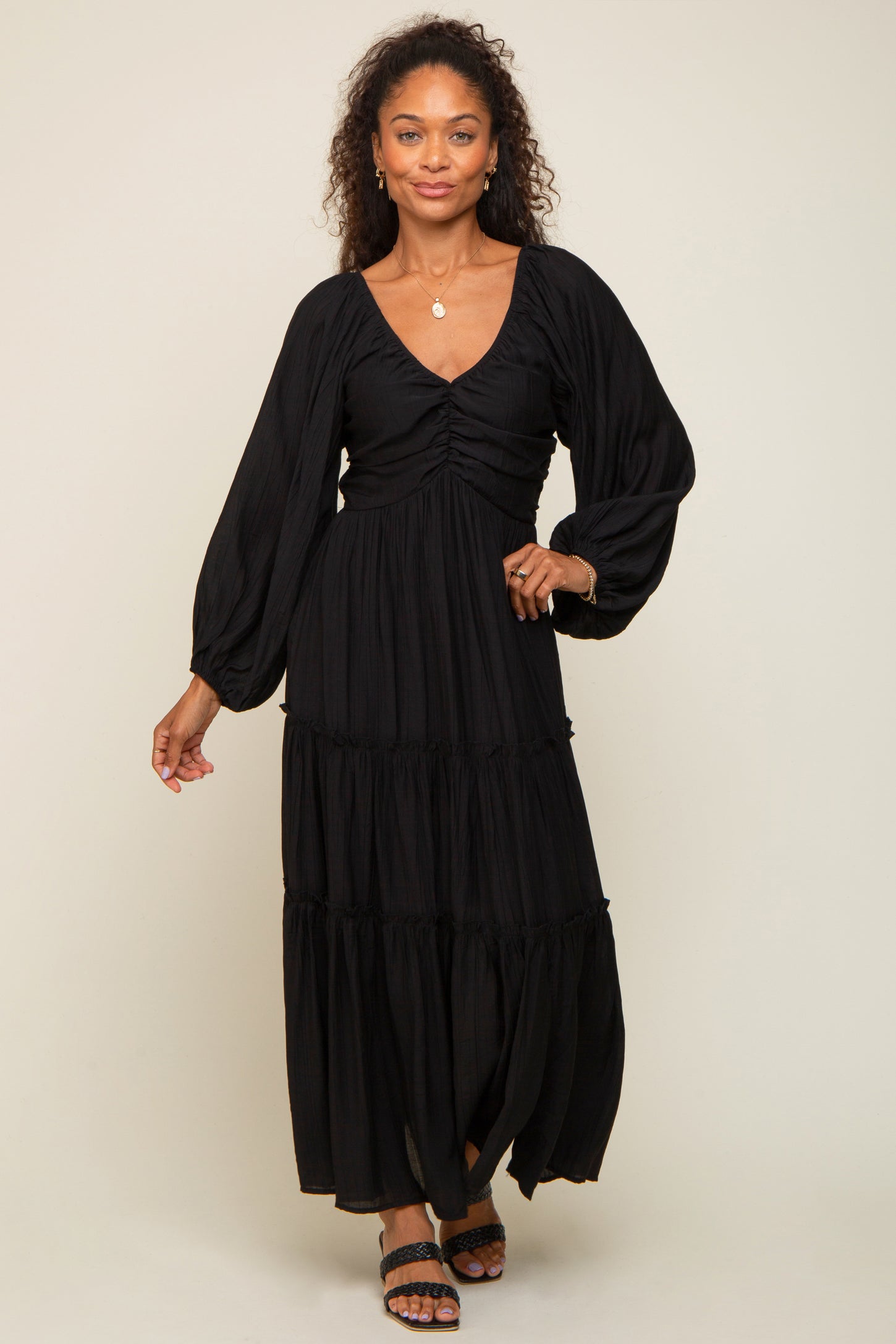 Black Ruched Front Cutout Back Tiered Maternity Maxi Dress