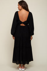 Black Ruched Front Cutout Back Tiered Maternity Maxi Dress