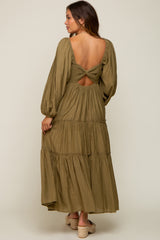 Olive Ruched Front Cutout Back Tiered Maternity Maxi Dress