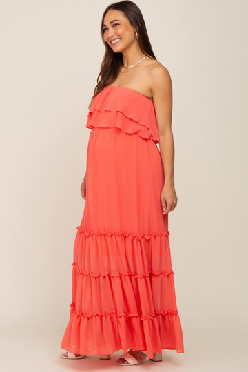 Coral Chiffon Strapless Ruffle Tiered Maternity Maxi Dress