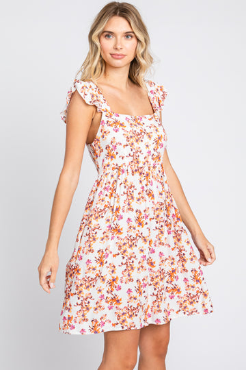 Ivory Leaf Print Ruffle Accent Dress