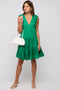 Green Satin Ruffle V-Neck Tiered Dress