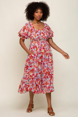 Red Floral Shimmer Chiffon Ruffle Square Neck Smocked Maternity Midi Dress