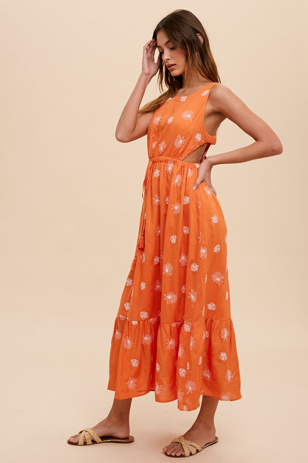 Orange Tropical Embroidered Open Back Midi Dress