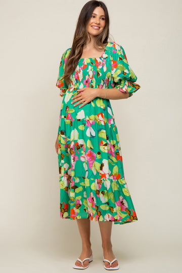 Green Floral Puff Sleeve Maternity Midi Dress