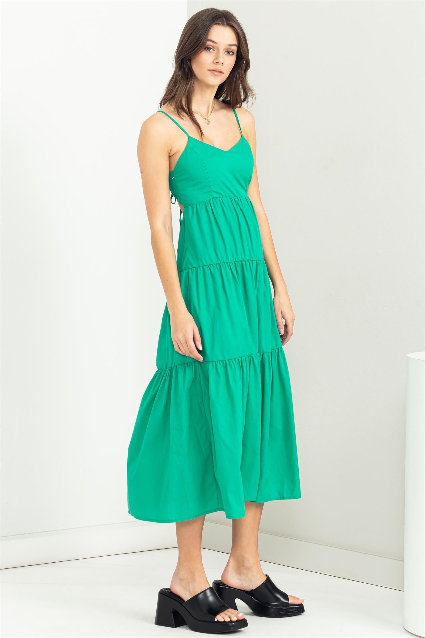 Green Tie-Back Tiered Midi Dress