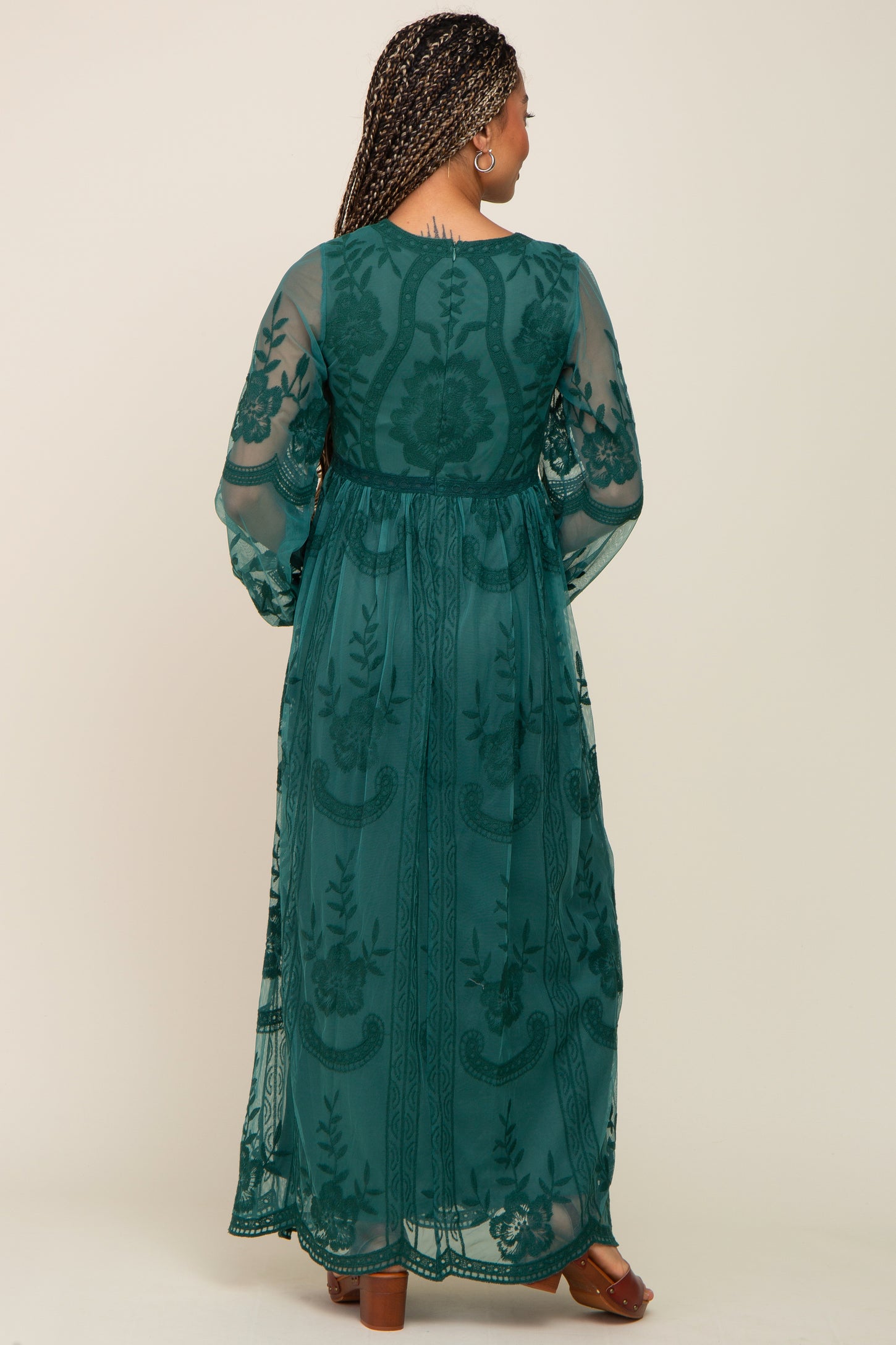 PinkBlush Emerald Green Lace Mesh Overlay Long Sleeve Maxi Dress