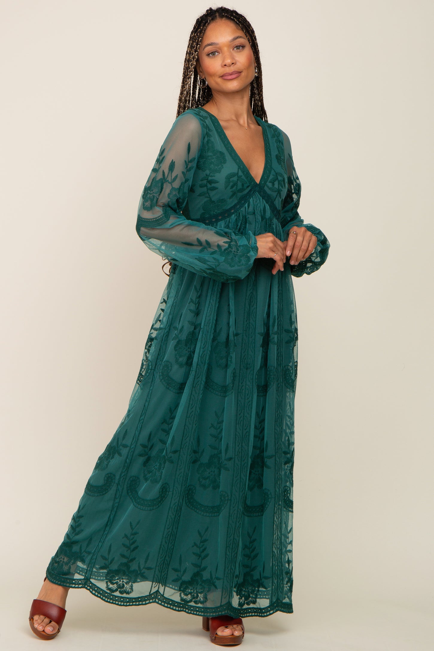 PinkBlush Emerald Green Lace Mesh Overlay Long Sleeve Maxi Dress
