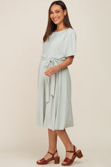 Mint Green Crinkle Knit Tie Waist Short Sleeve Maternity Dress