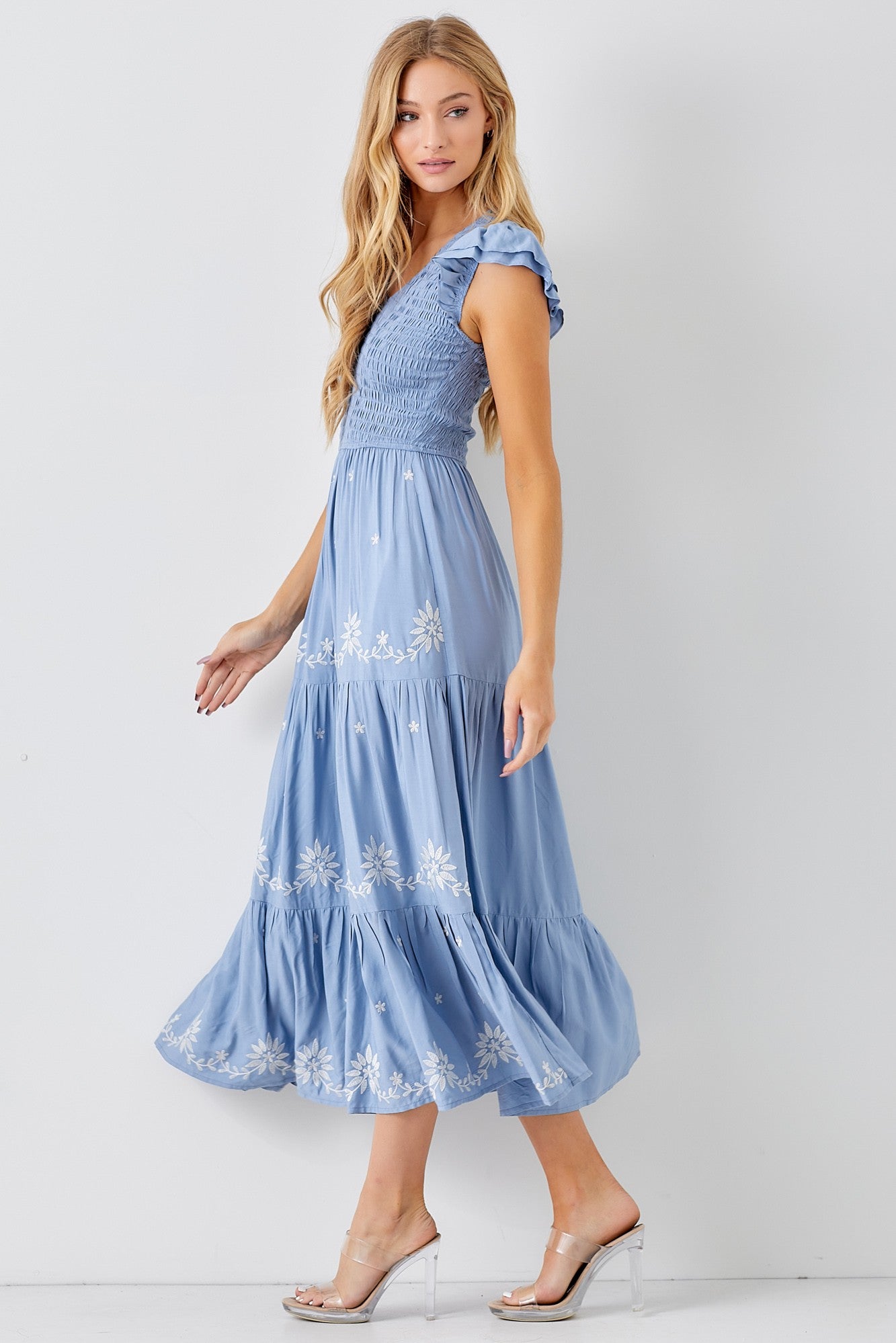 Dusty Blue V Neck Smocked Bodice Maxi Dress