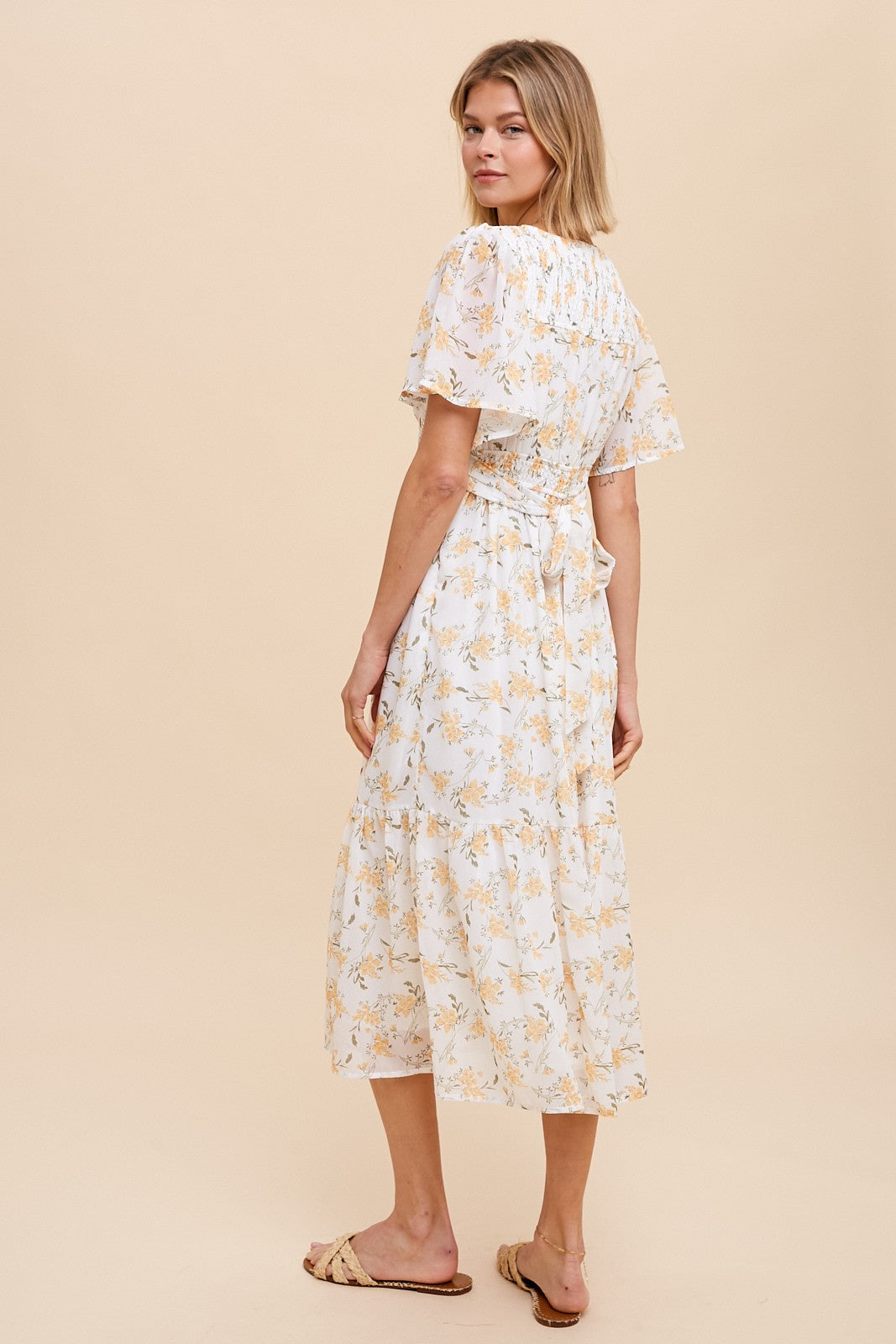 White Floral V Neck Midi Dress