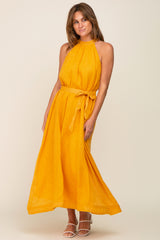Yellow Linen A-line Maternity Midi Dress
