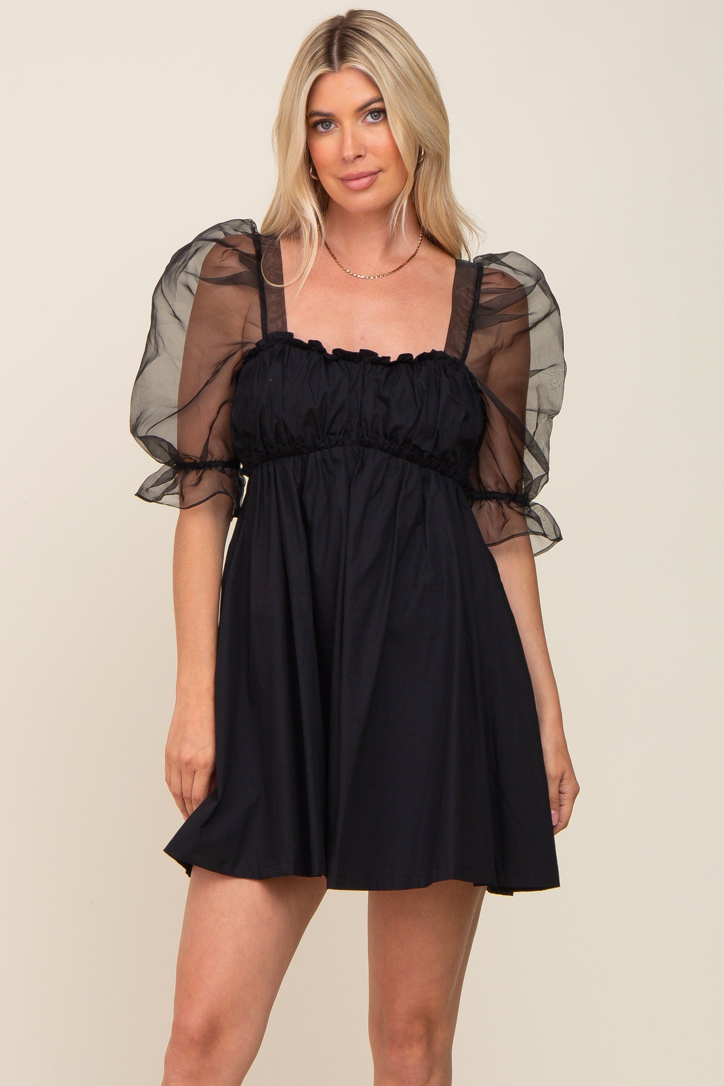 Black Mesh Sleeve Maternity Mini Dress