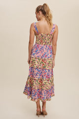 Purple Yellow Floral Contrast Tiered Maxi Dress