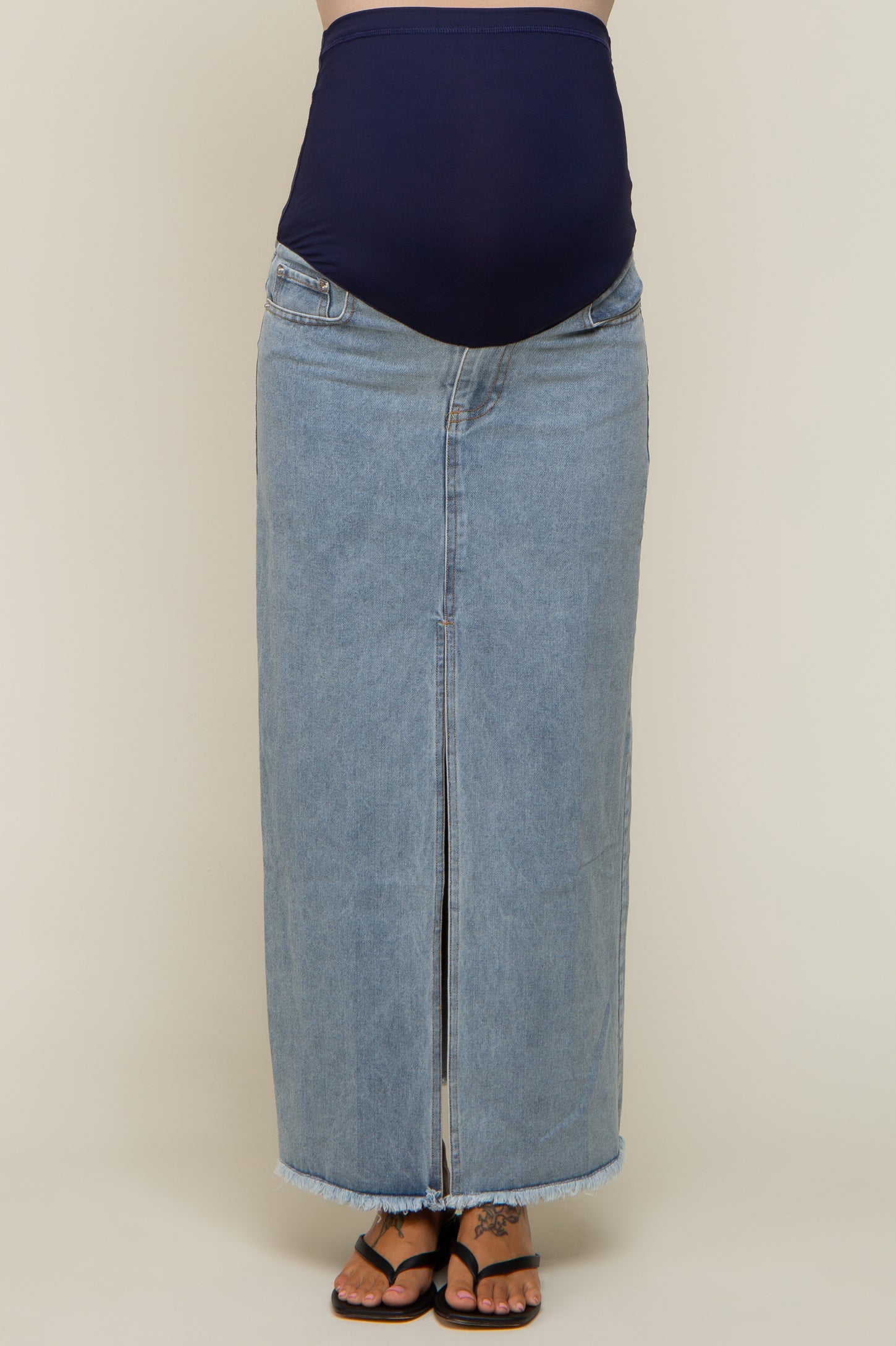 Blue Front Slit Denim Maternity Midi Skirt