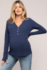 Navy Rib Knit Button Accent Maternity Long Sleeve Top