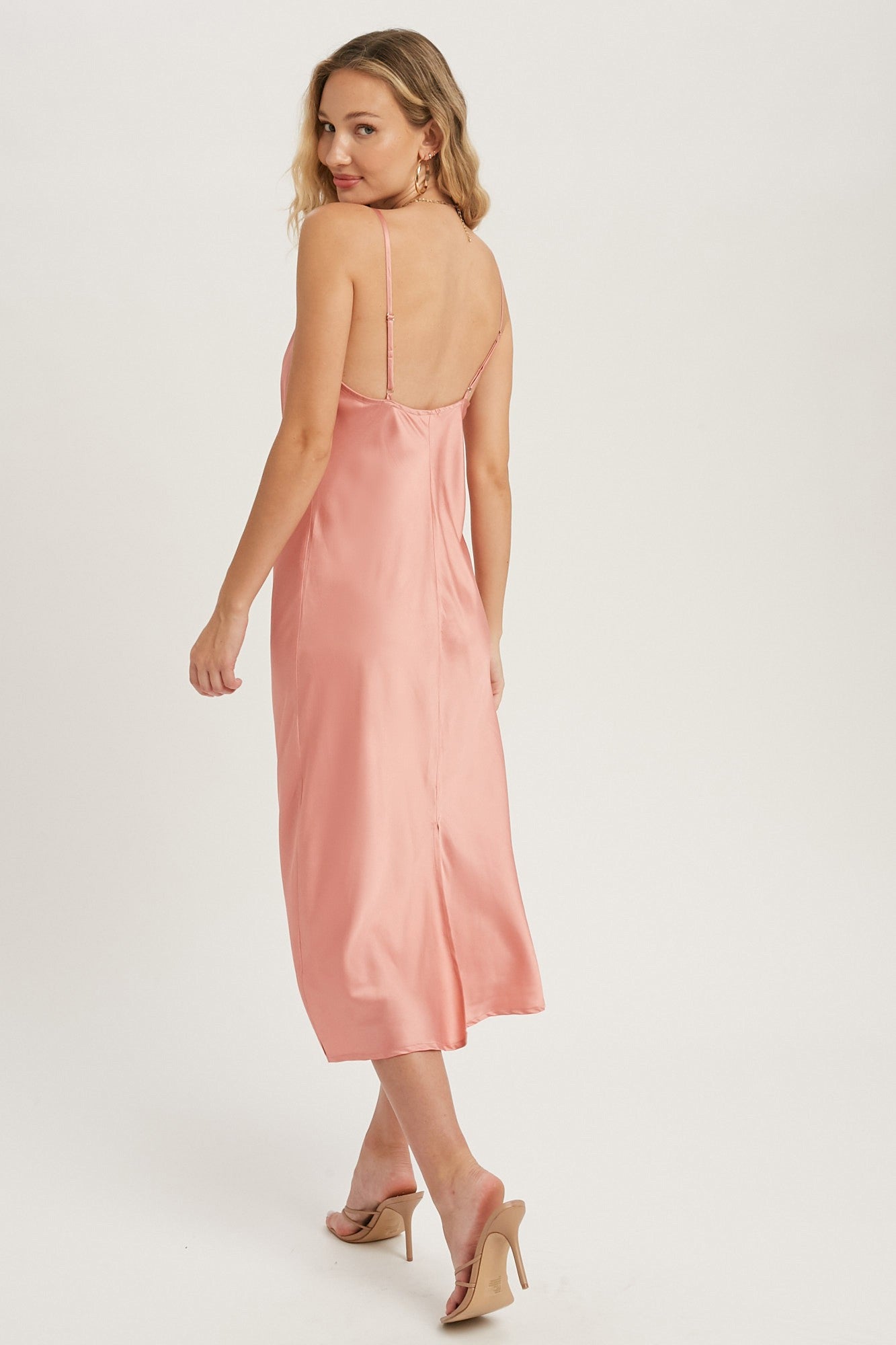 Rose Satin Cowl Neck Midi Slip Dress