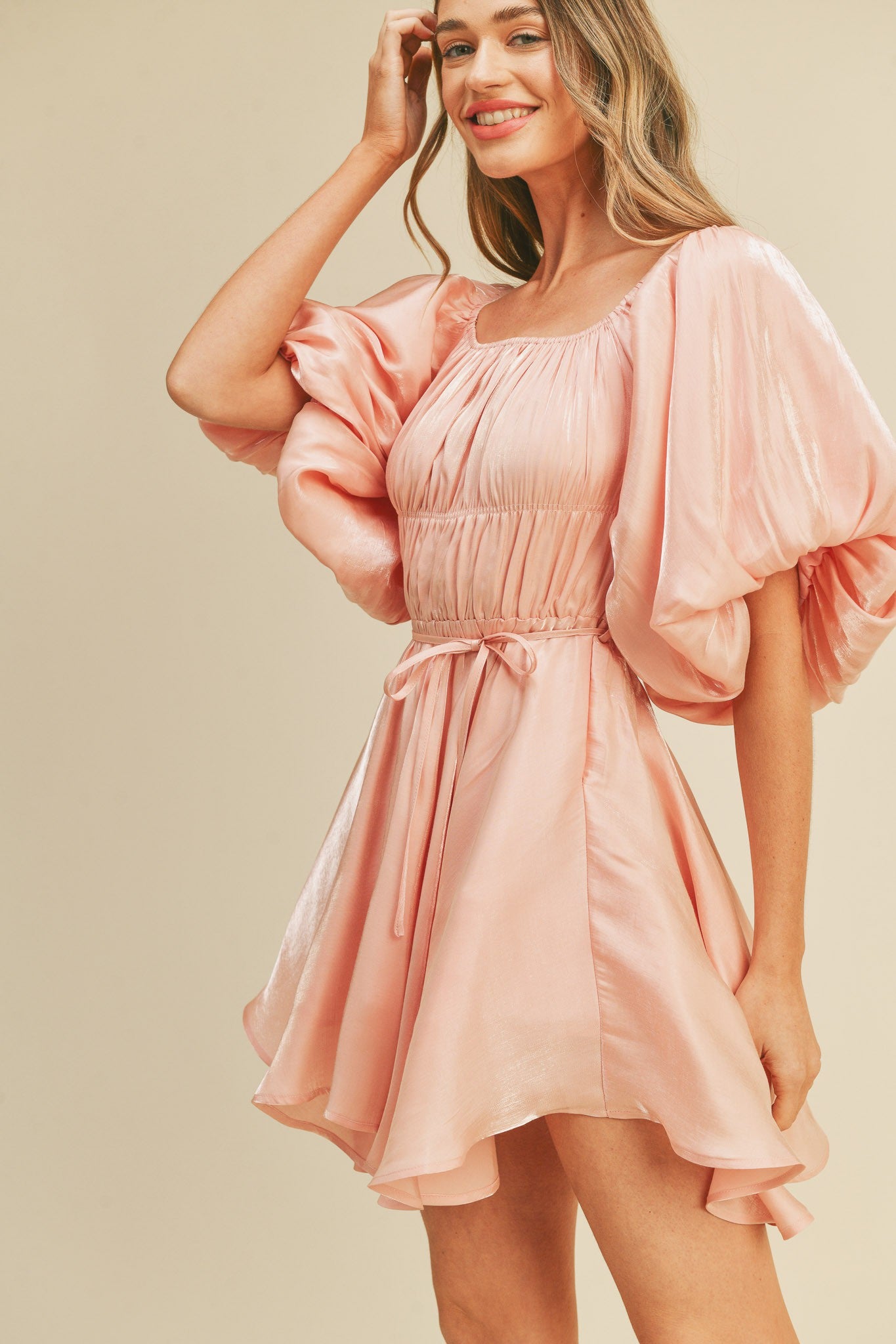 Pink Metallic Bubble Sleeve Flared Mini Dress