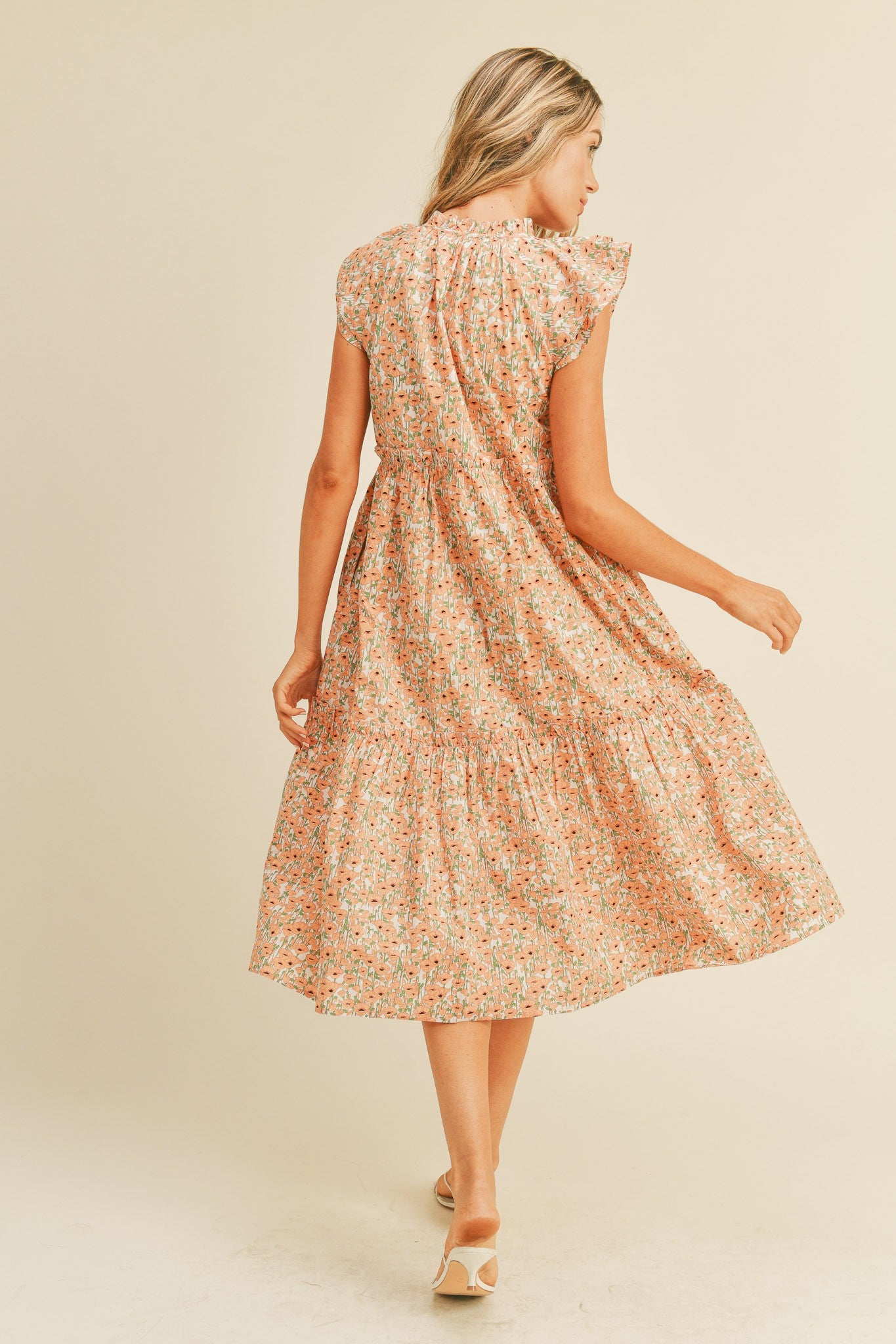Peach Floral Button Down Midi Dress
