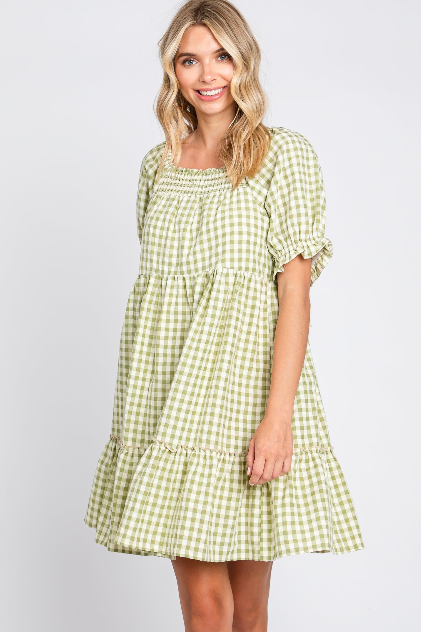 Sage Gingham Tiered Maternity Dress