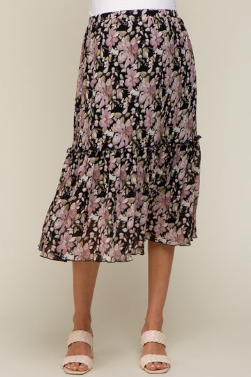 Black Floral Plisse Ruffle Accent Maternity Midi Skirt